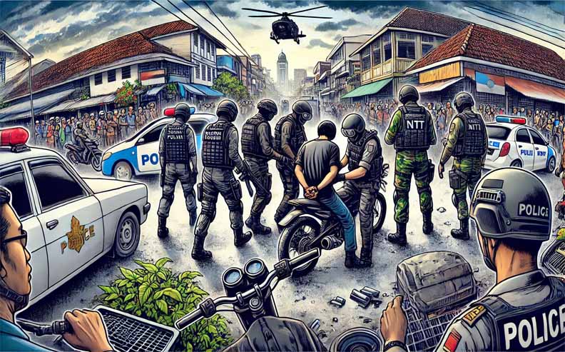 DALL·E 2025-02-12 05.51.31 - A wide-angle illustration of a police arrest operation by Tim Resmob Polda NTT capturing a fugitive motorcycle thief from East Java in Kupang. The sce