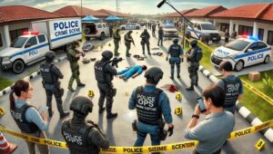DALL·E 2025-02-12 06.07.32 - A wide-angle illustration showing a police crime scene reconstruction by Satgas Ops Damai Cartenz. Officers in tactical gear are professionally conduc