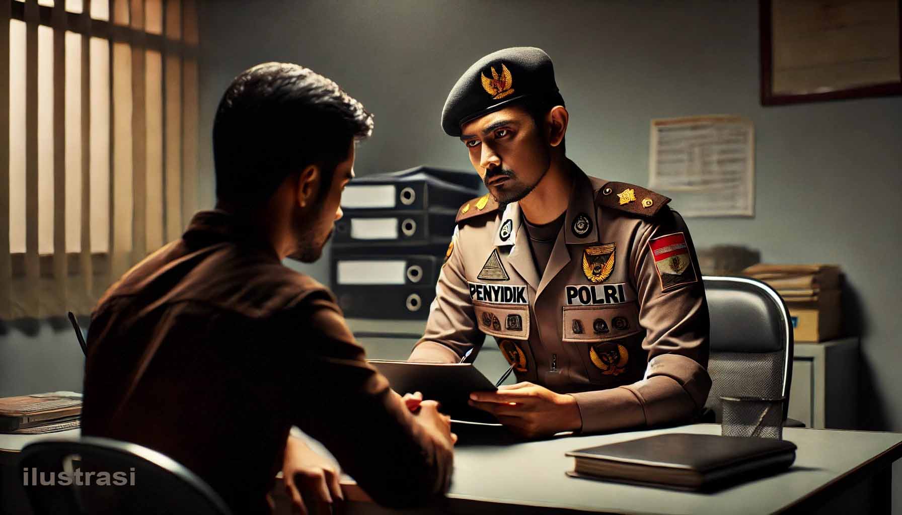 DALL·E 2025-03-27 19.36.57 - An Indonesian police investigator (Penyidik Polri) in a brown uniform with a police badge, conducting an interrogation. The investigator is seated at